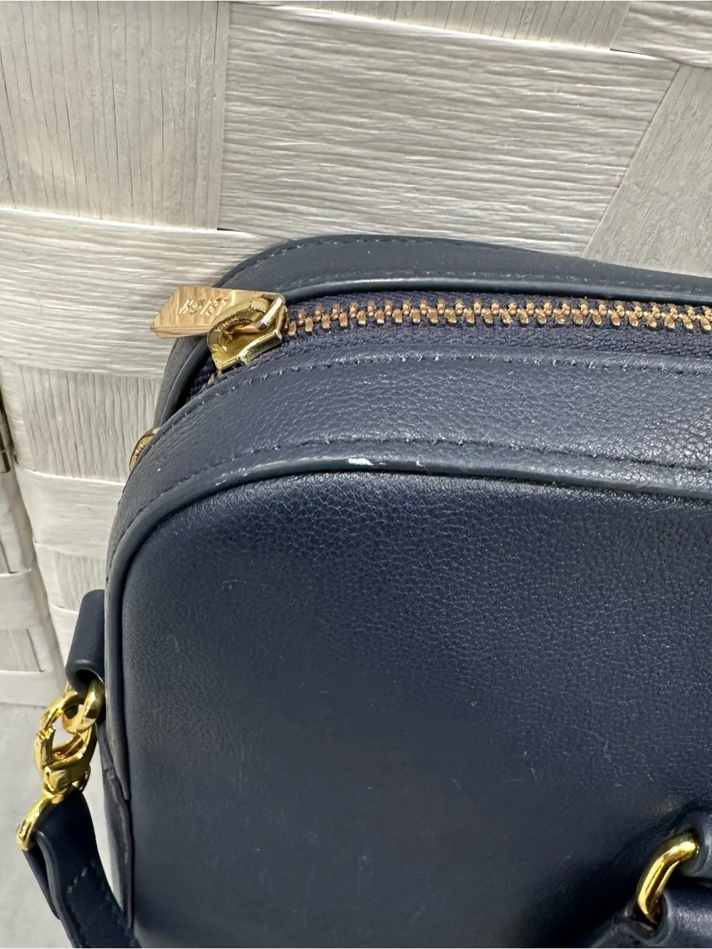 Jacq Leigh London Navy White Leather Satchel Crossbody Bag Gold Hardware Laptop